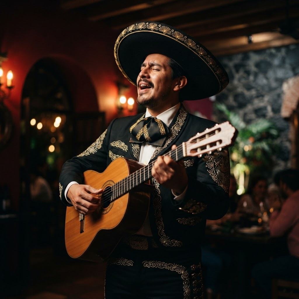 Retrato del cantante Alejandro Rivas con traje de charro negro sosteniendo una guitarra