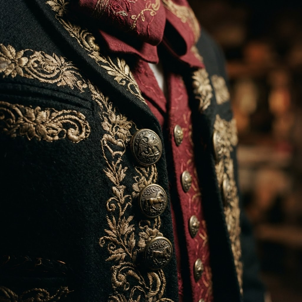 Detalle del traje de charro negro con bordado dorado envejecido