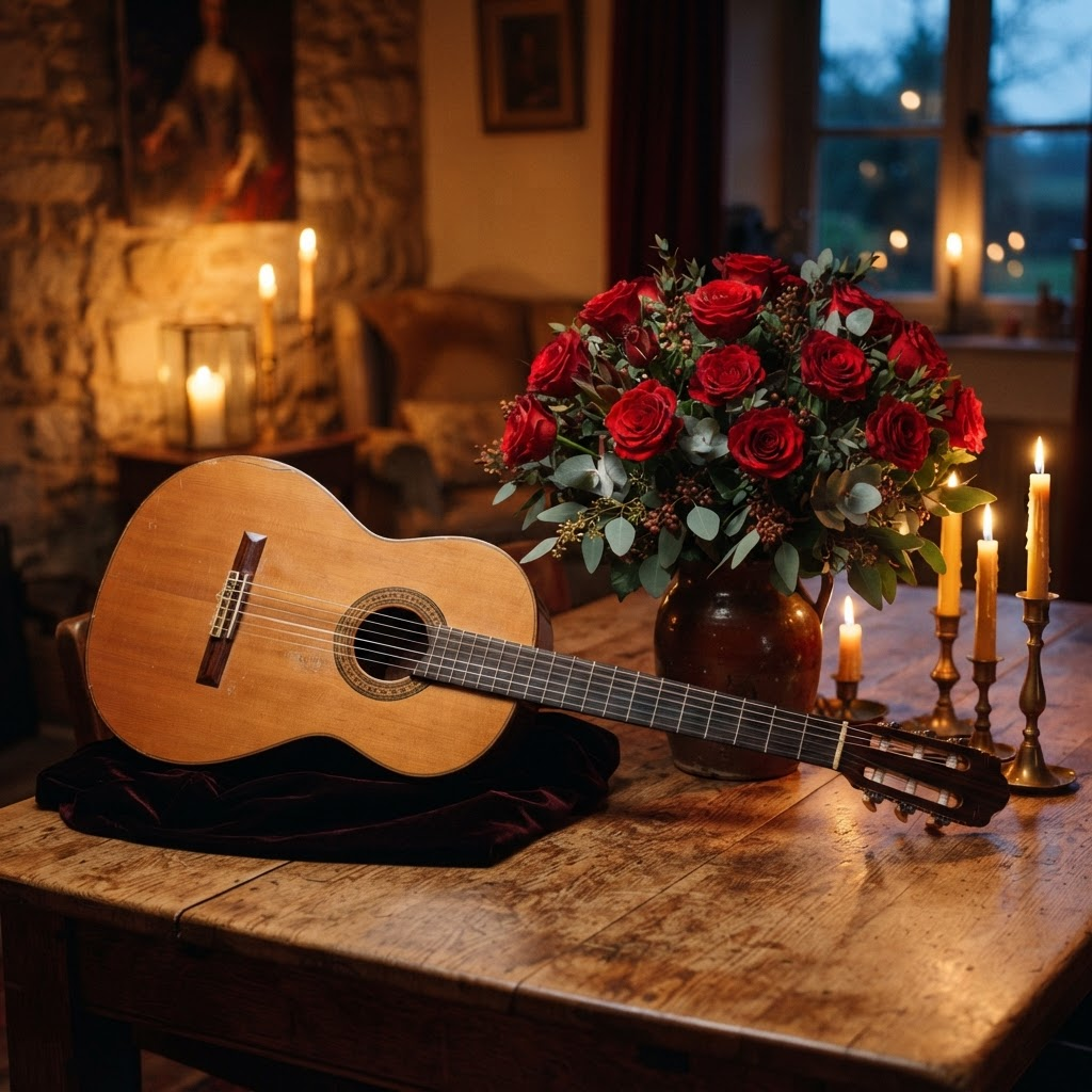 Guitarra clásica junto a un ramo de rosas rojas sobre mesa de madera al atardecer
