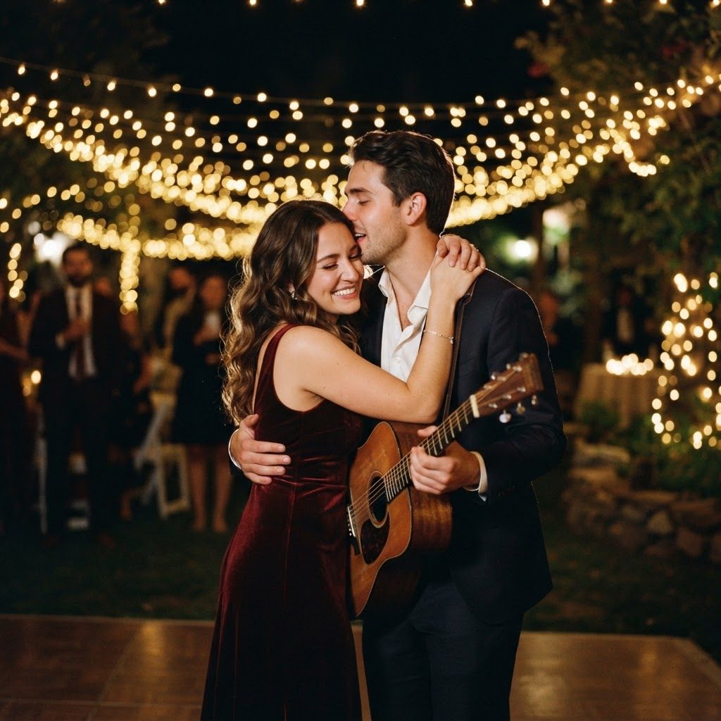 Pareja abrazada durante una serenata nocturna con luces doradas