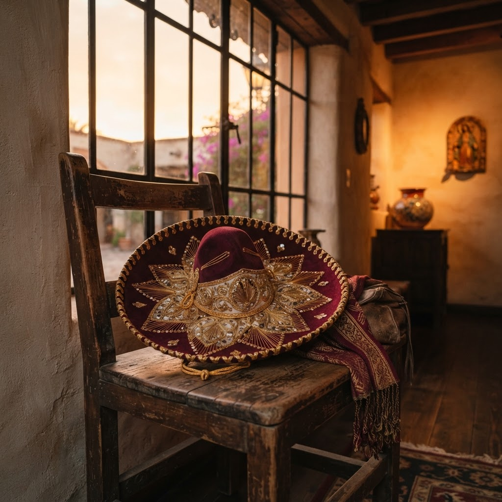 Sombrero de charro sobre una silla de madera con luz cálida de atardecer
